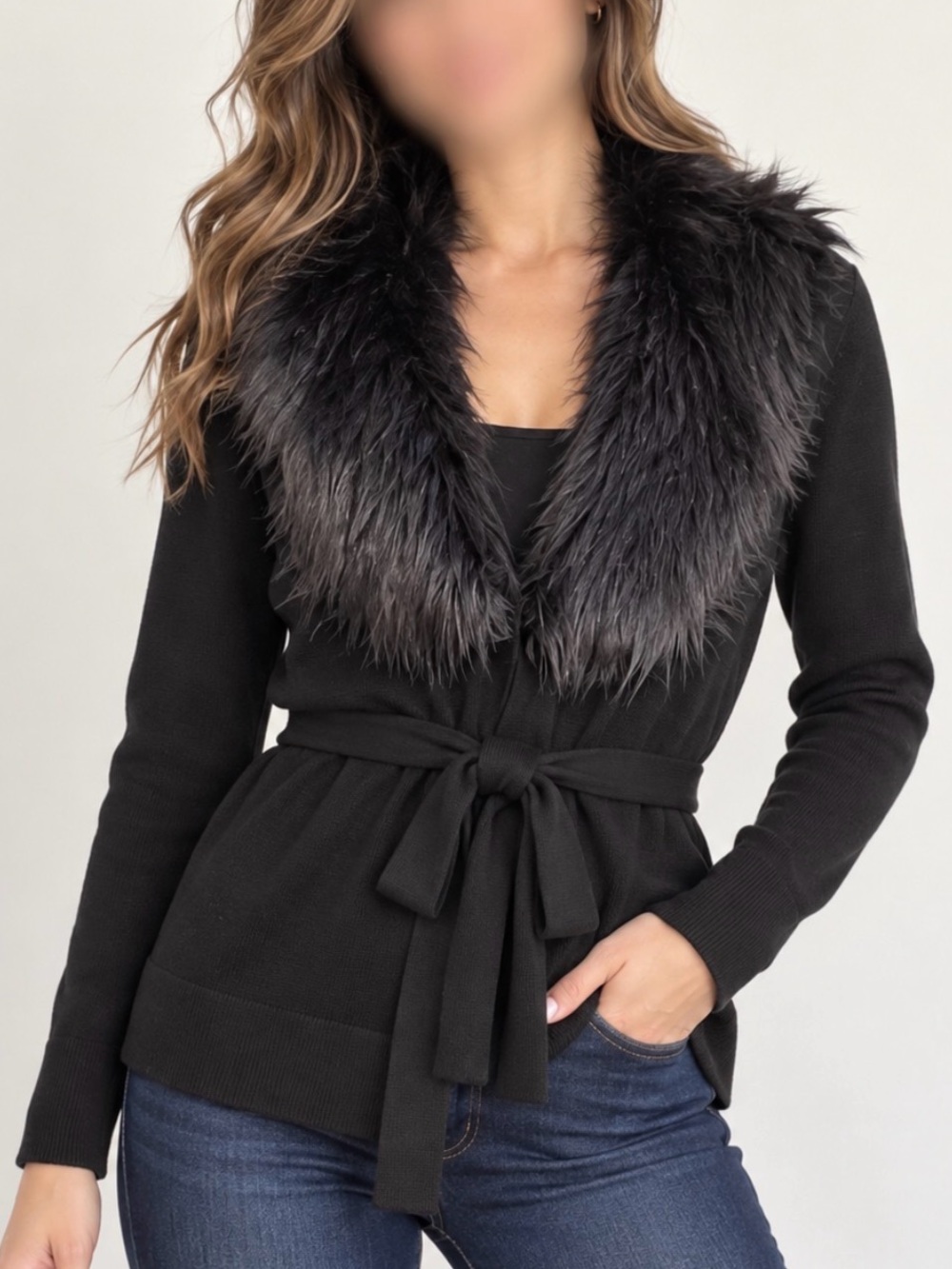 Ann Taylor Petite Black Faux Fur Collar Tie Waist Sweater MP